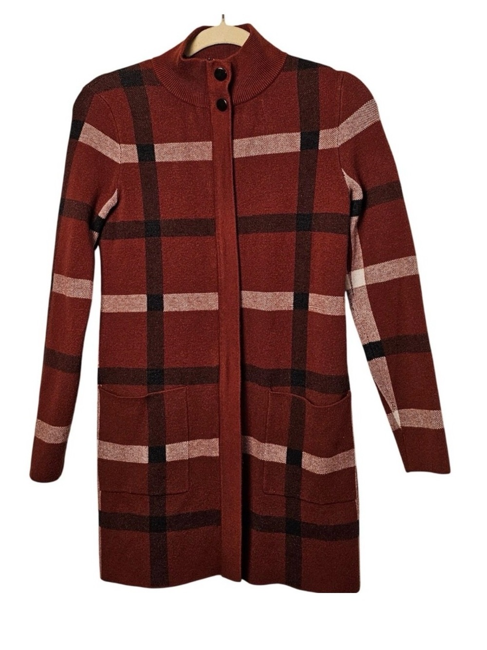 Tahari Rust Plaid Long Knit Cardigan with Buttoned Collar